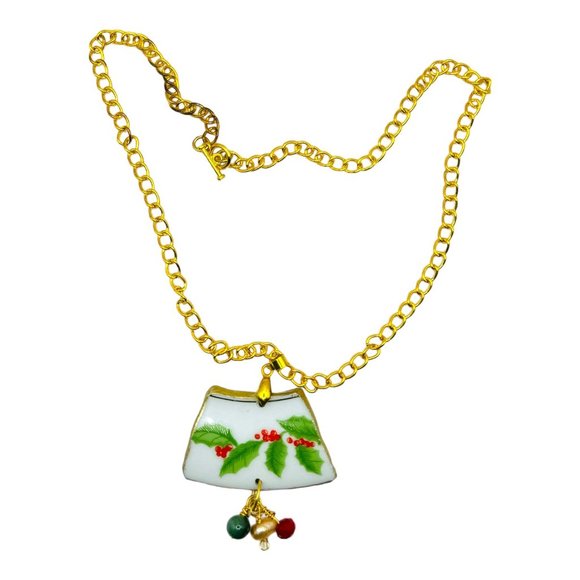 Holly Broken China Artisan Pendant w/ Pearls & Coral Berries & Bows Collection - Picture 8 of 17